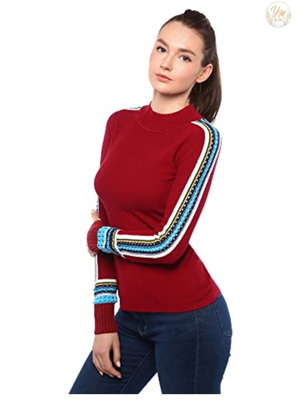 Mock Neck Fair Isle Trim Long Sleeve Pullover Knit Sweater